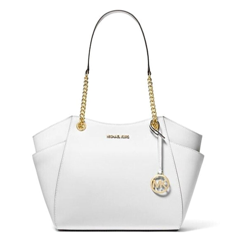 New Michael Kors Jet Set Large Saffiano Leather Shoulder Bag Optic White